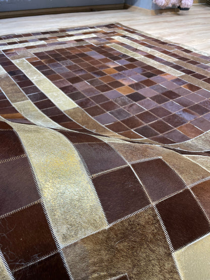 Brown and Gold Natural Cowhide Patchwork Rug, Handmade Large Area Rug