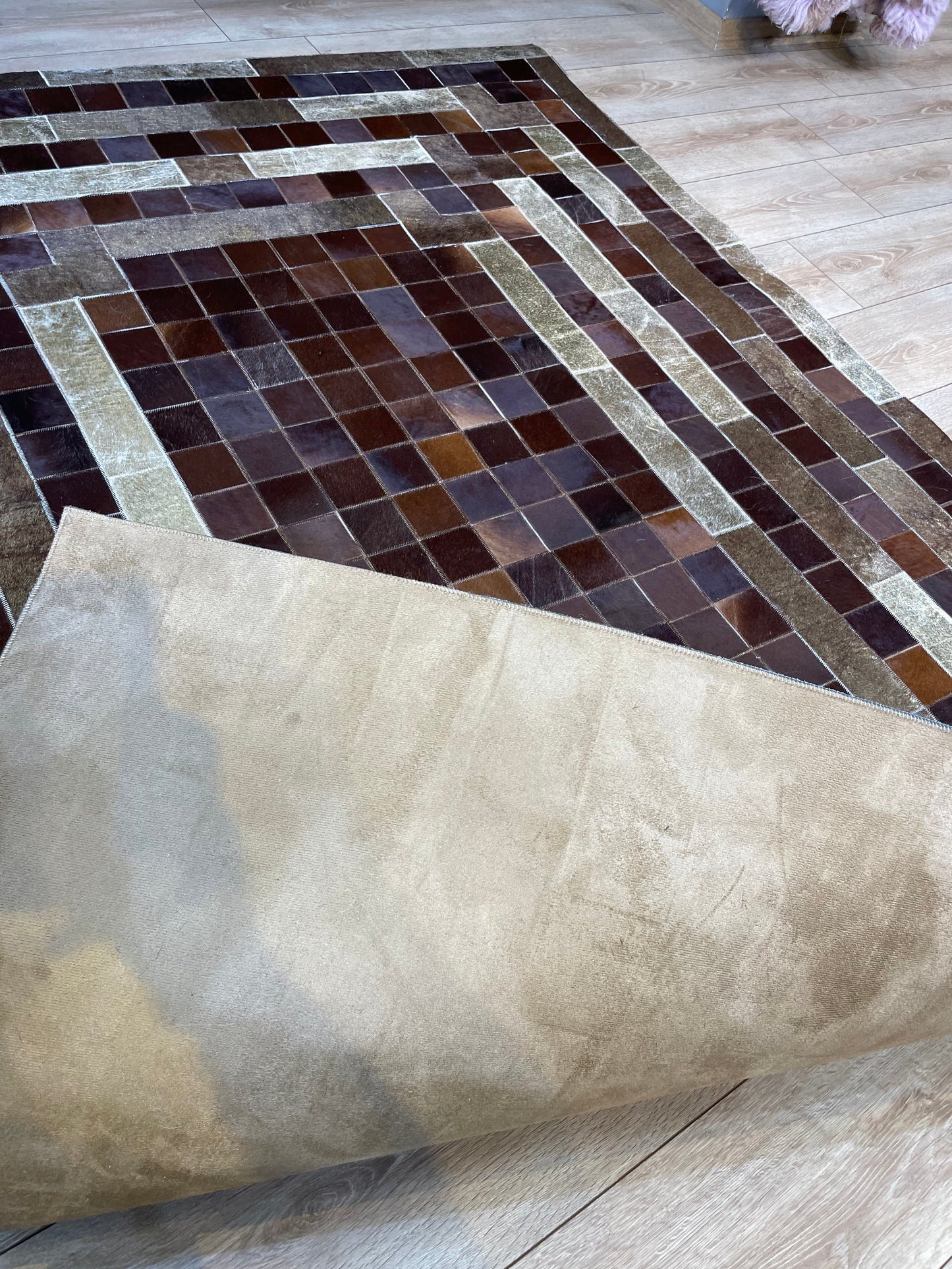 Brown and Gold Natural Cowhide Patchwork Rug, Handmade Large Area Rug