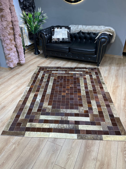 Brown and Gold Natural Cowhide Patchwork Rug, Handmade Large Area Rug