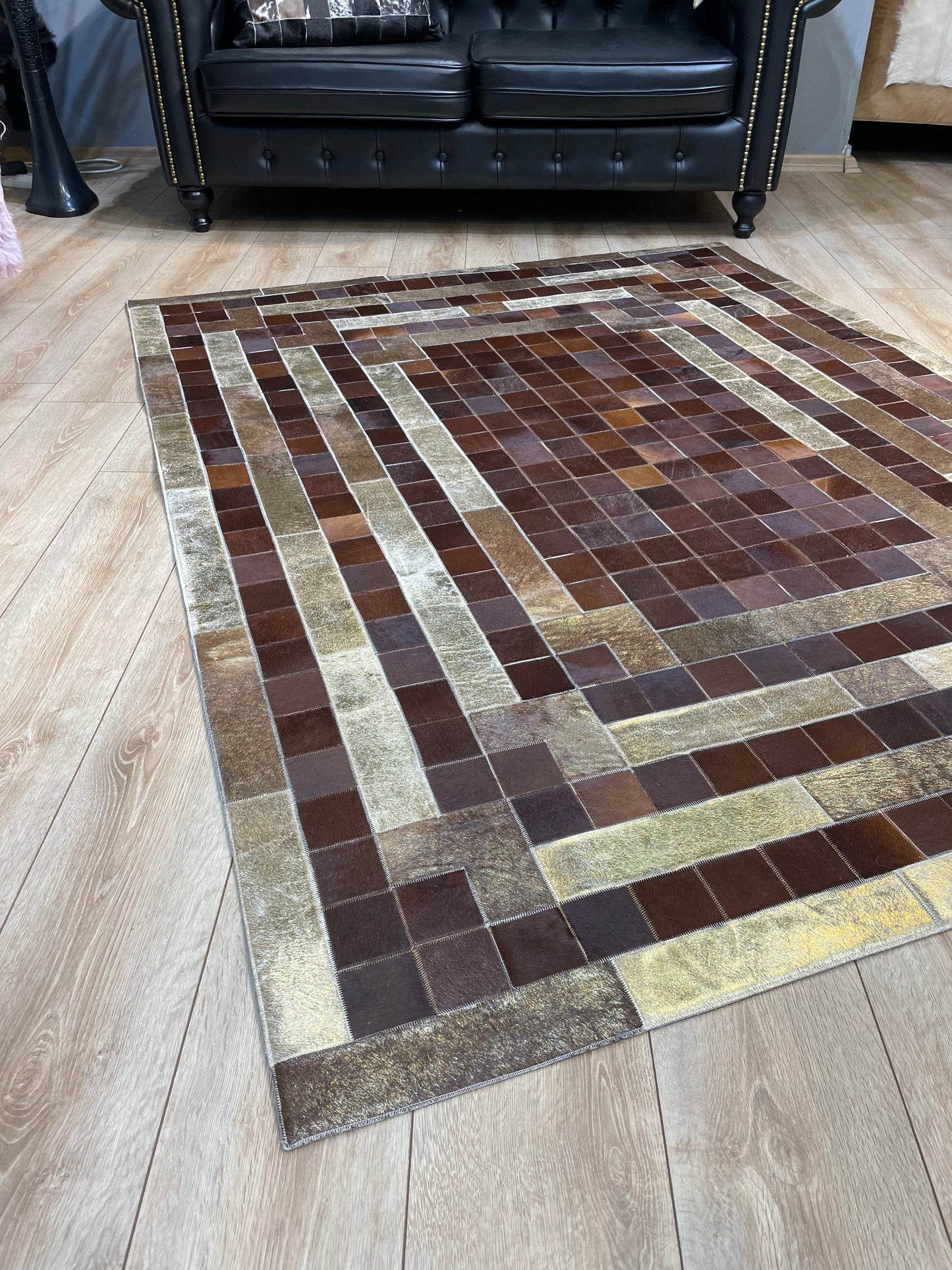 Brown and Gold Natural Cowhide Patchwork Rug, Handmade Large Area Rug