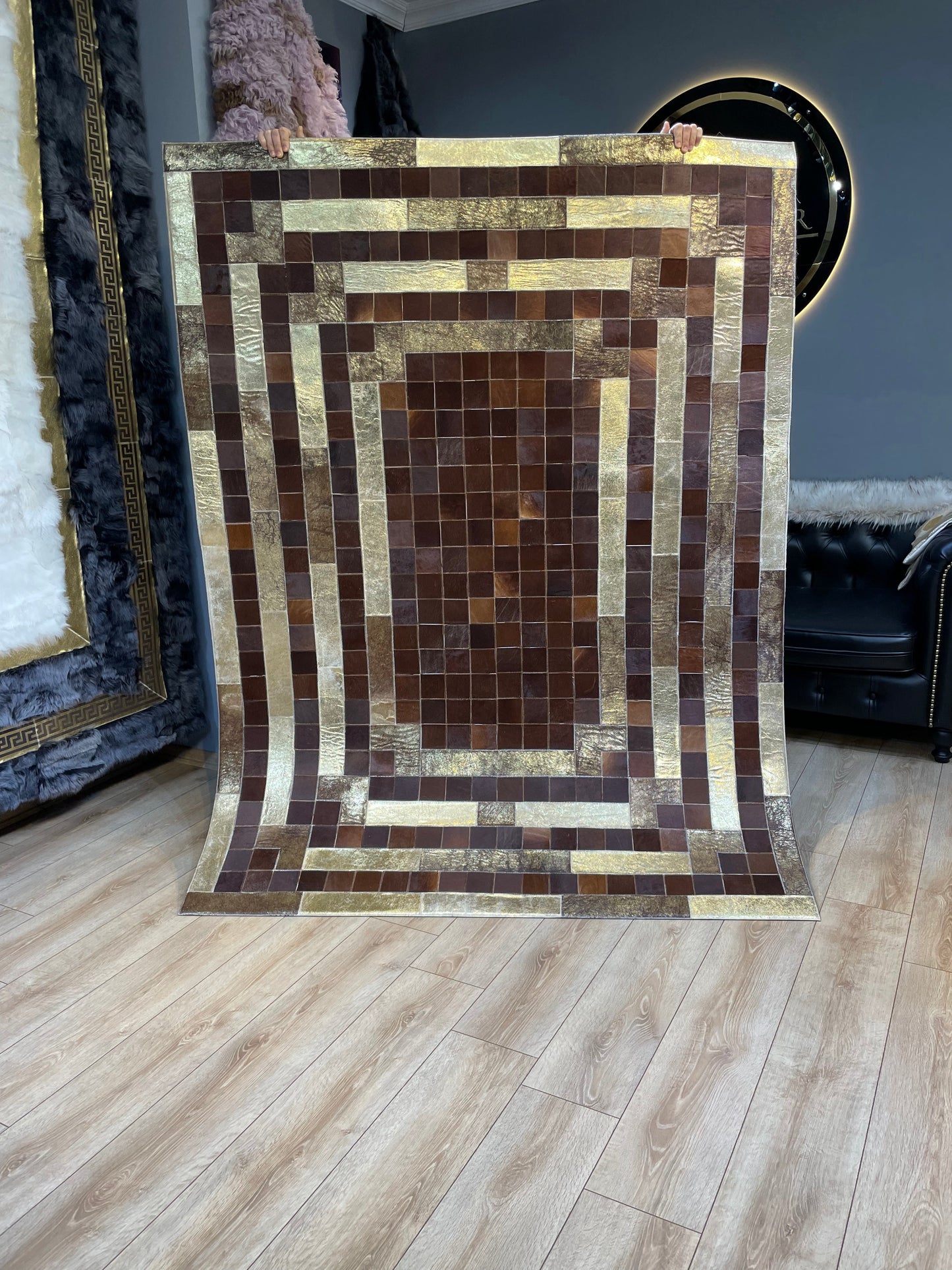 Brown and Gold Natural Cowhide Patchwork Rug, Handmade Large Area Rug