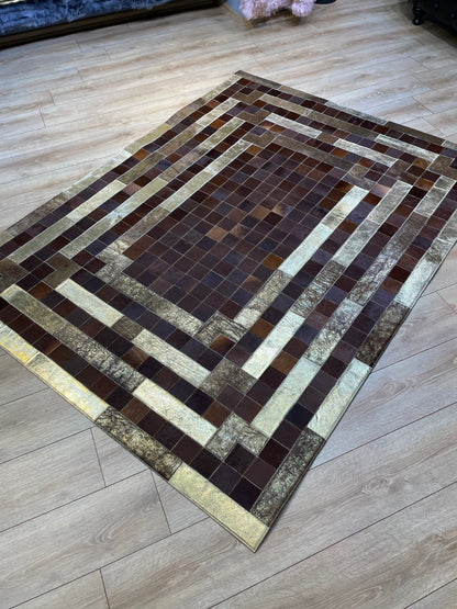 Brown and Gold Natural Cowhide Patchwork Rug, Handmade Large Area Rug