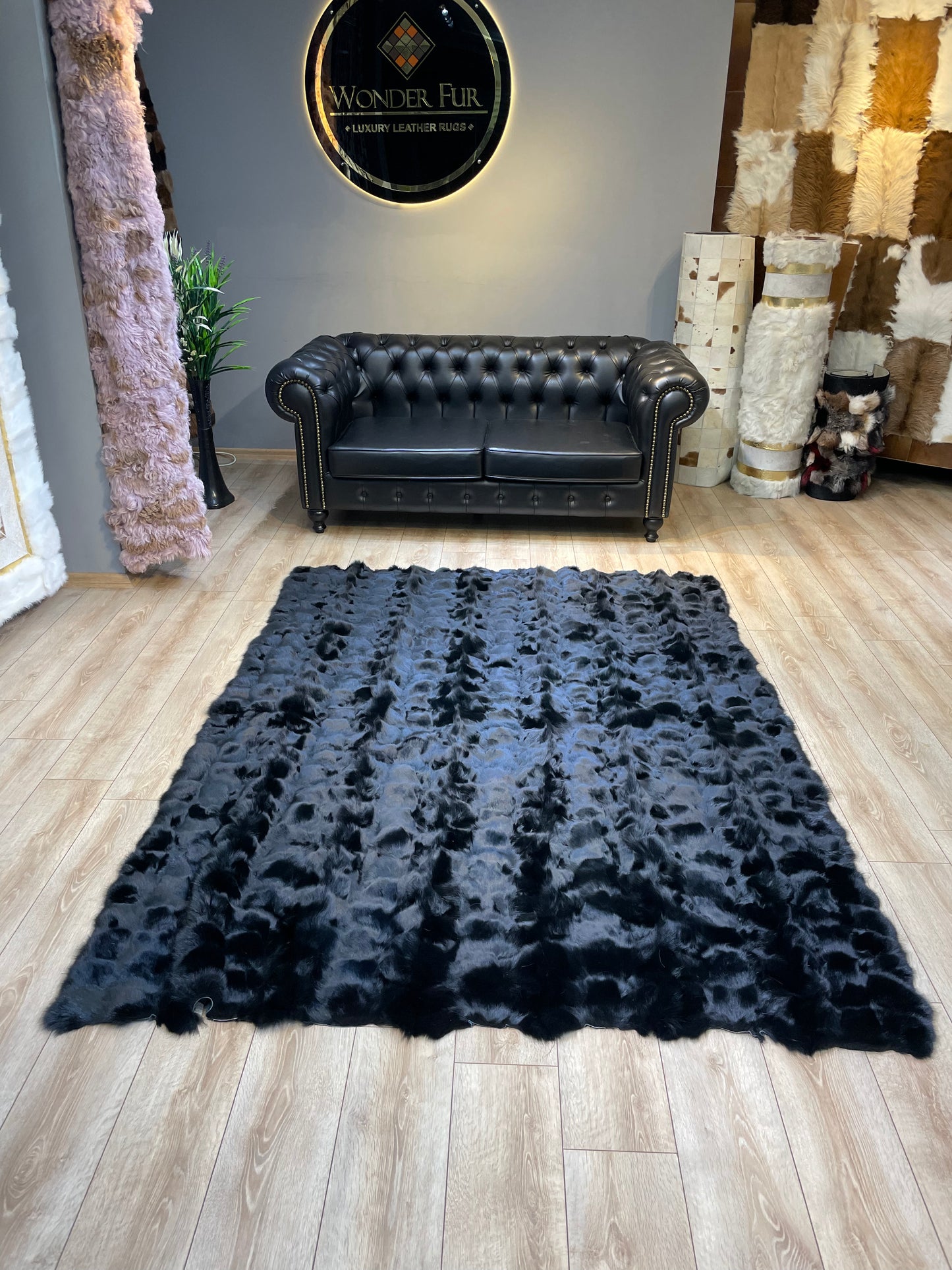 Luxury Handmade Black Fox Fur Area Rug