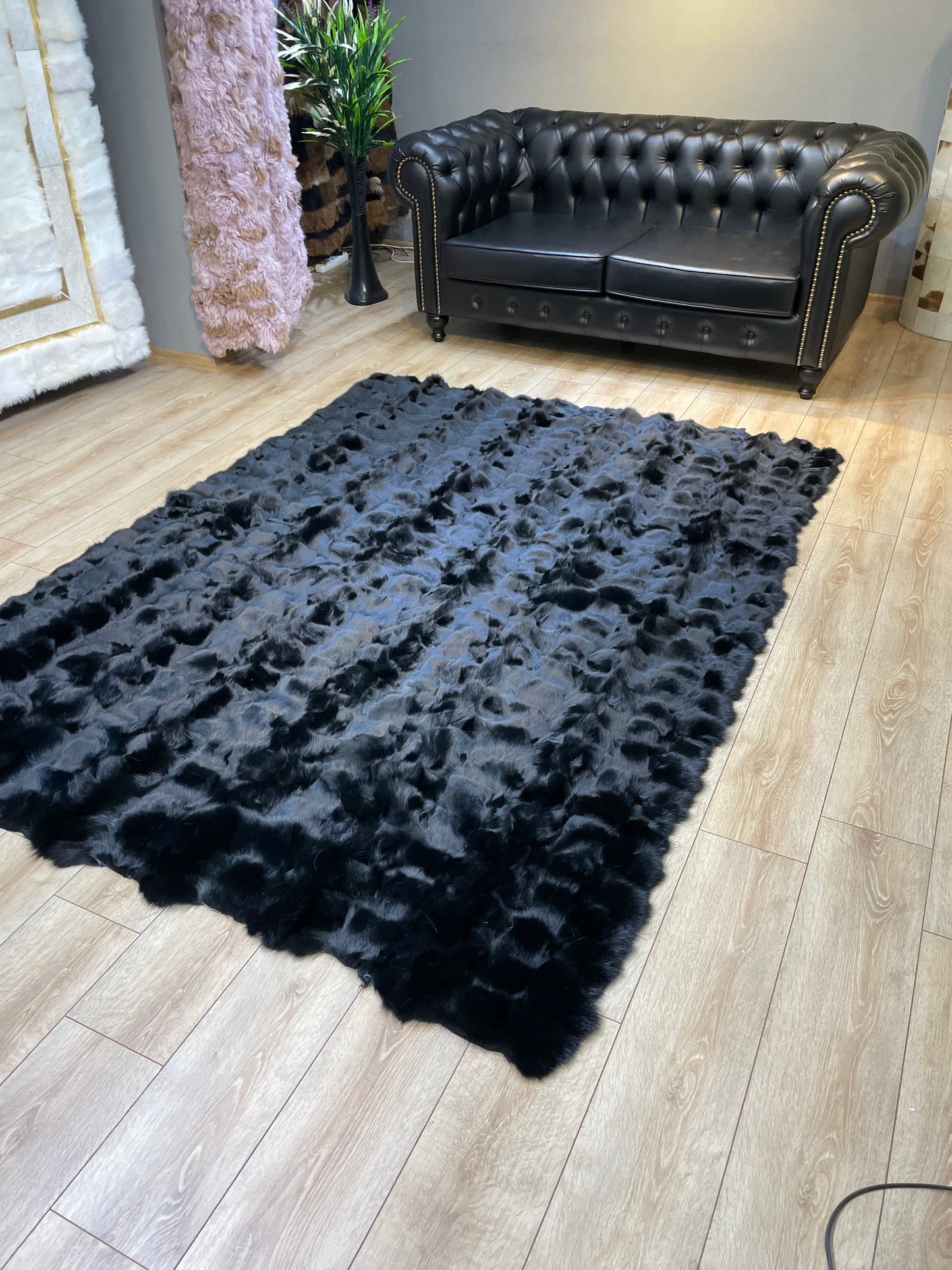 Luxury Handmade Black Fox Fur Area Rug