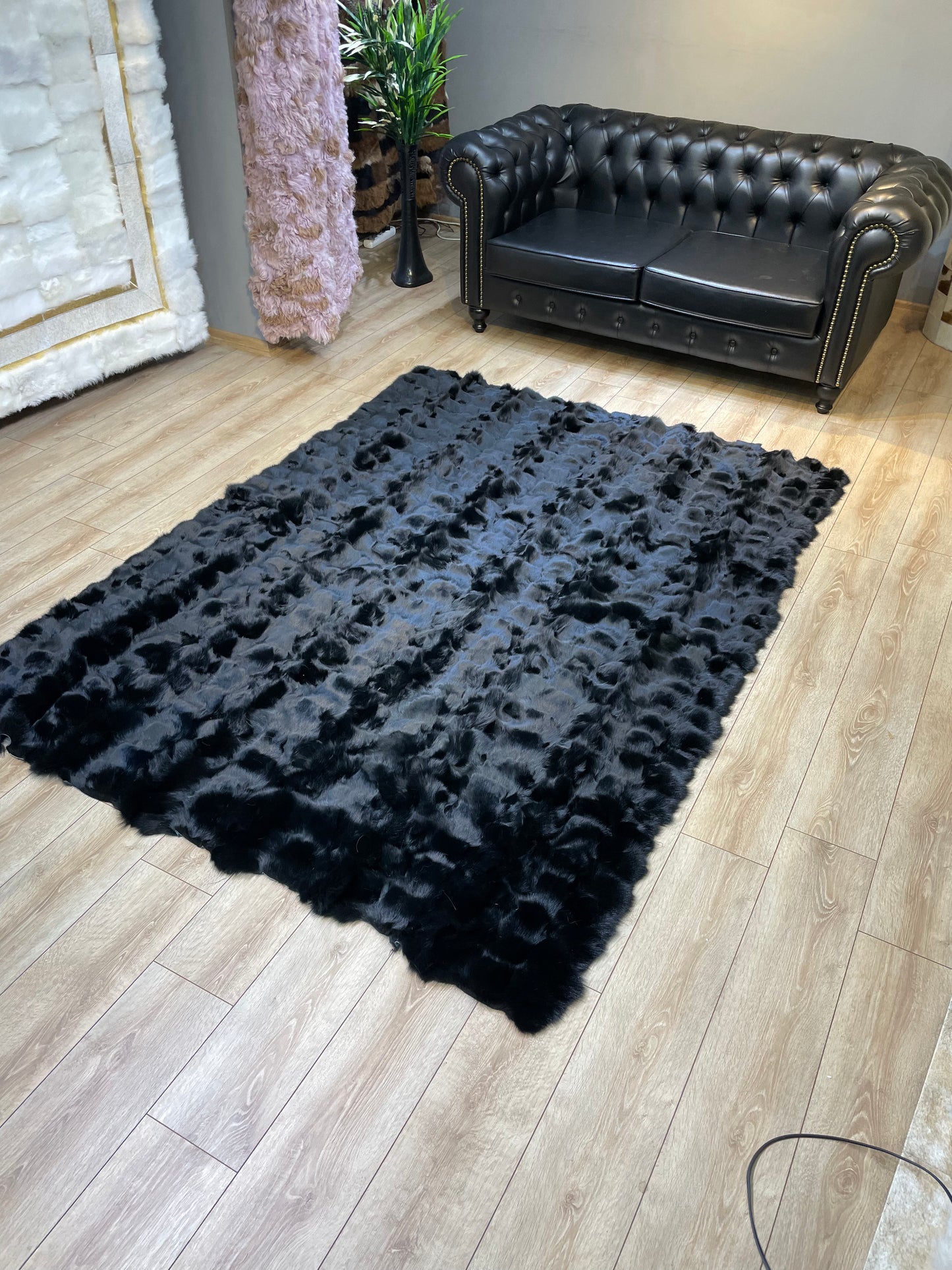 Luxury Handmade Black Fox Fur Area Rug