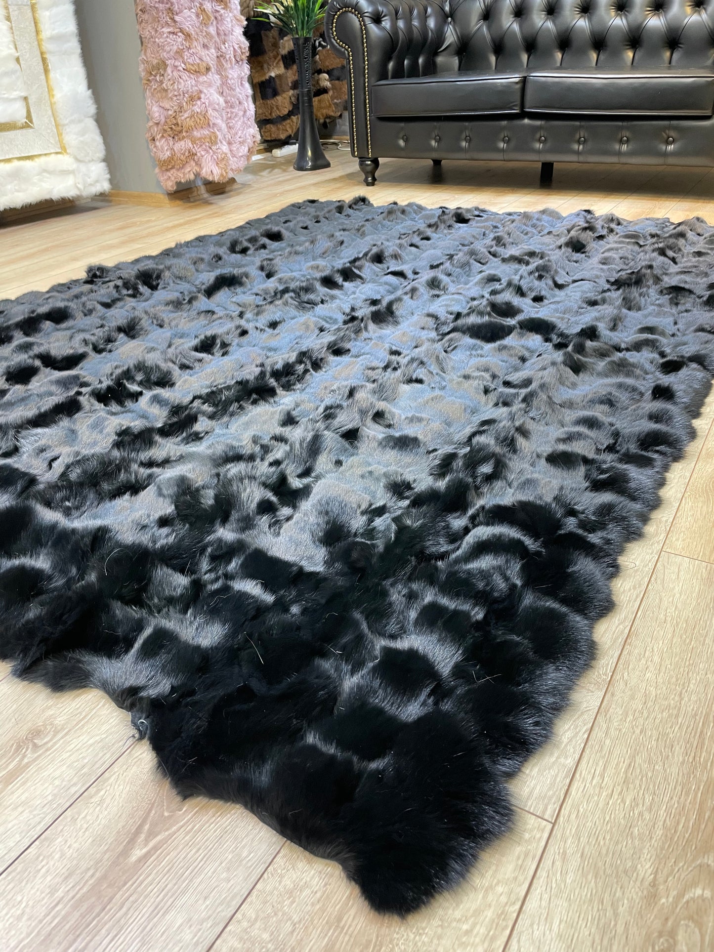 Luxury Handmade Black Fox Fur Area Rug