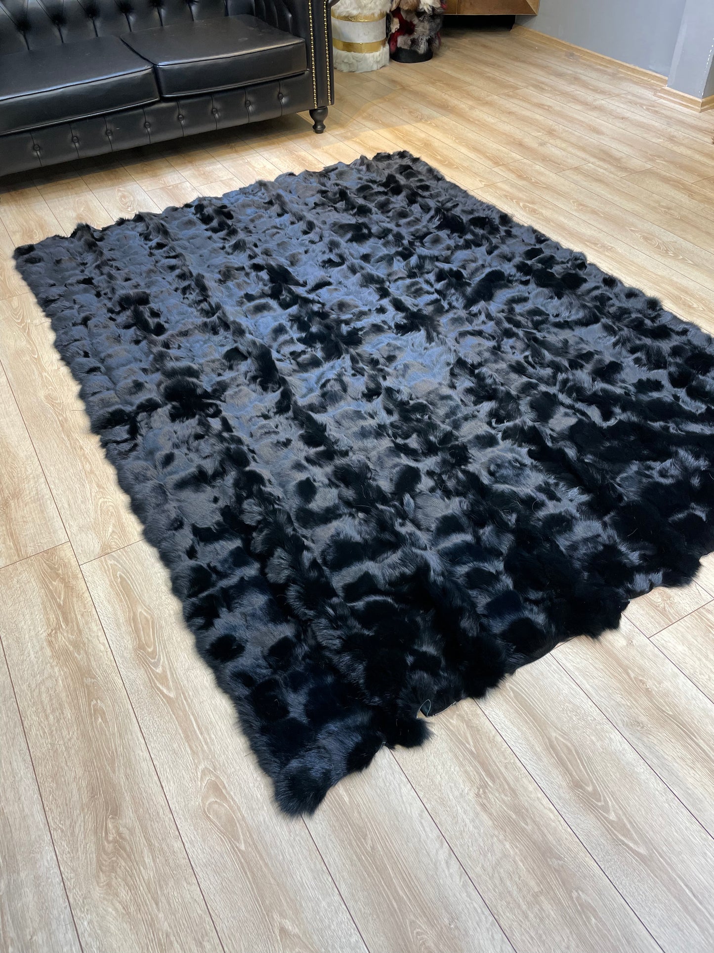 Luxury Handmade Black Fox Fur Area Rug