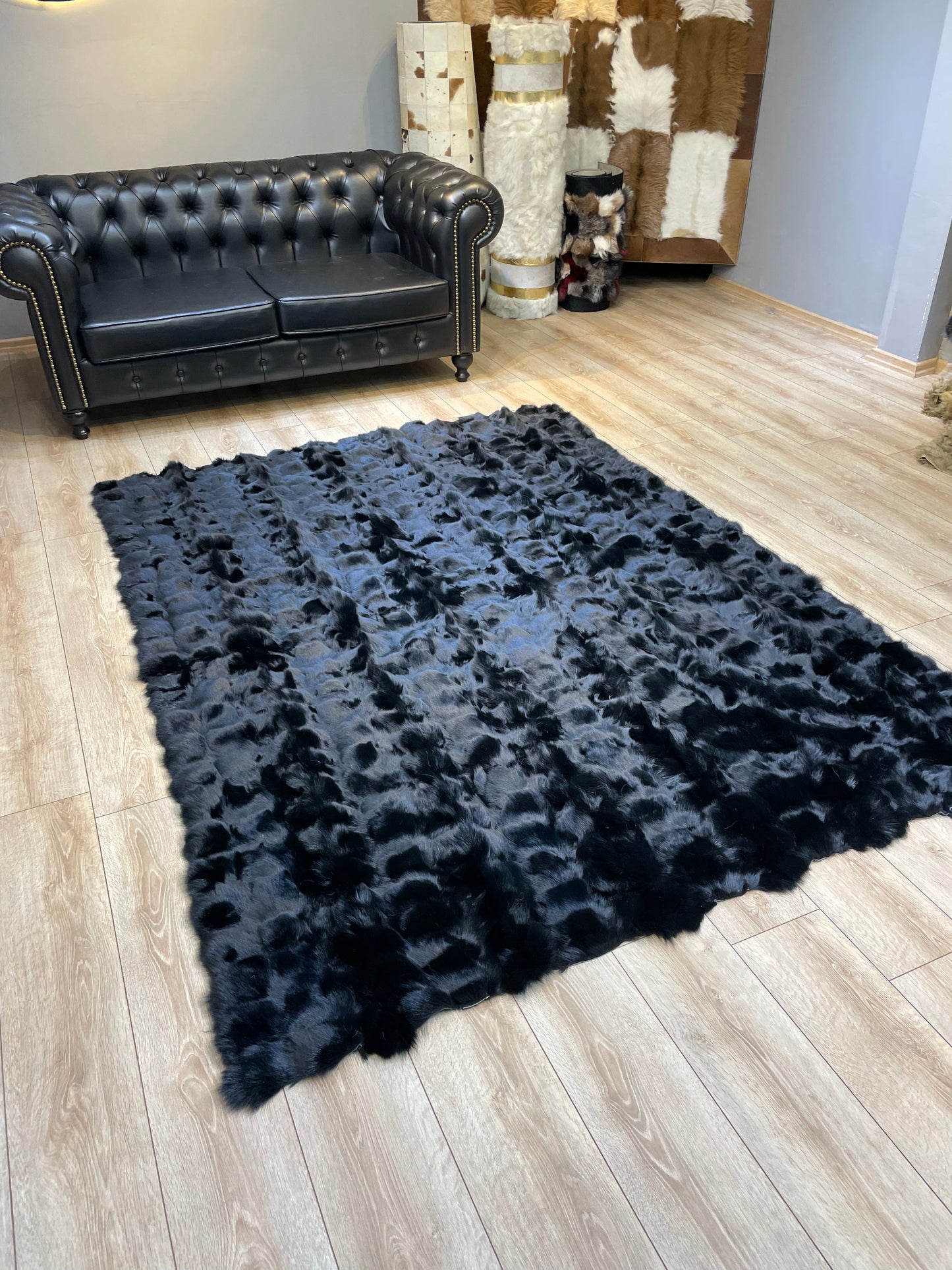 Luxury Handmade Black Fox Fur Area Rug