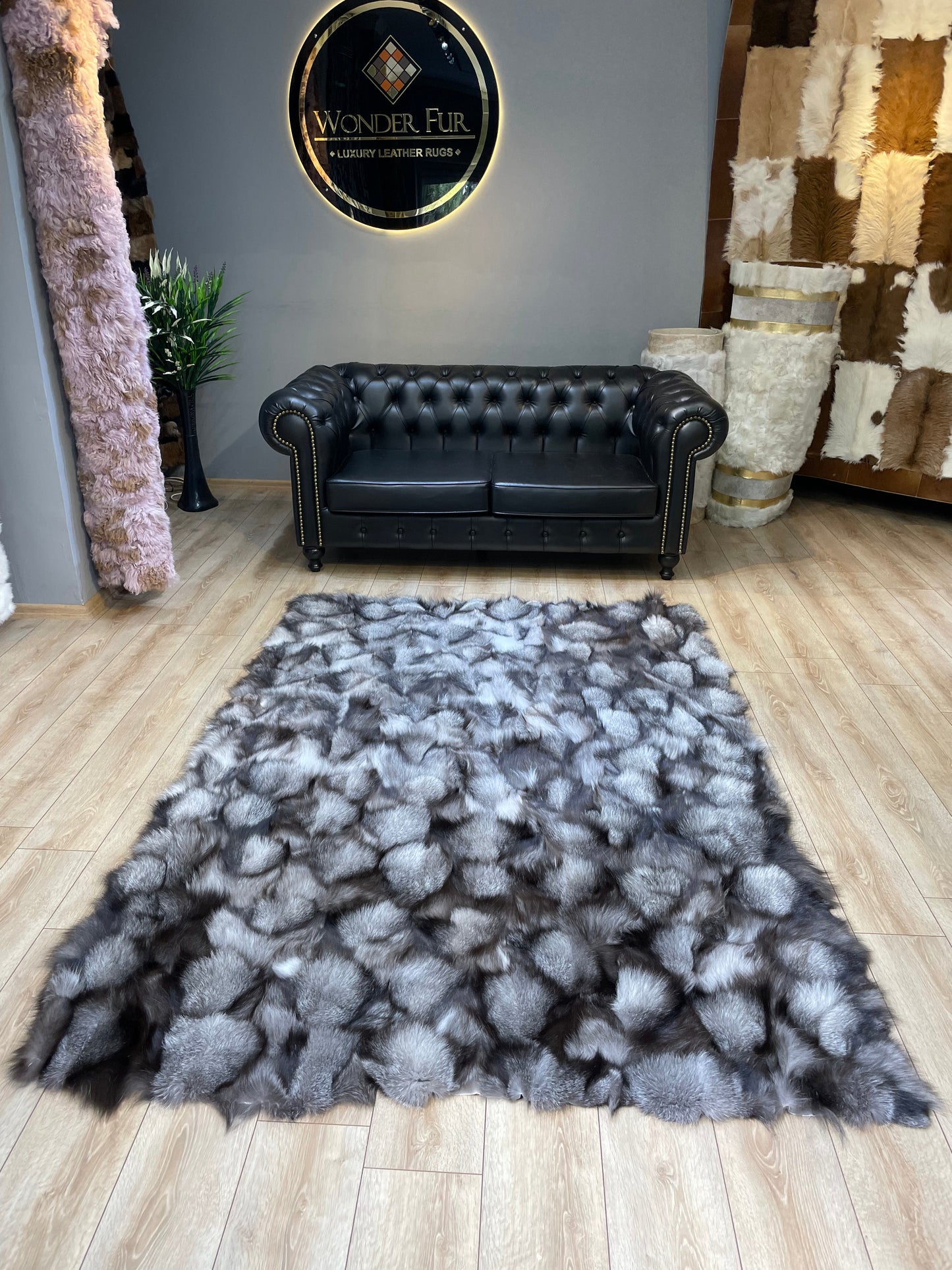 Ultra Soft Gray Luxury Natural Fox fur Rug, Shaggy Fluffy Handmade Area Rug
