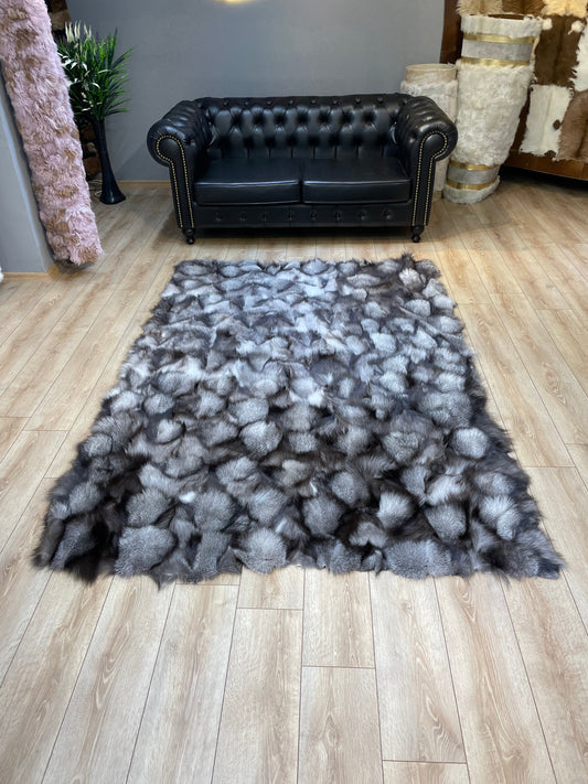 Ultra Soft Gray Luxury Natural Fox fur Rug, Shaggy Fluffy Handmade Area Rug