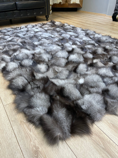 Ultra Soft Gray Luxury Natural Fox fur Rug, Shaggy Fluffy Handmade Area Rug