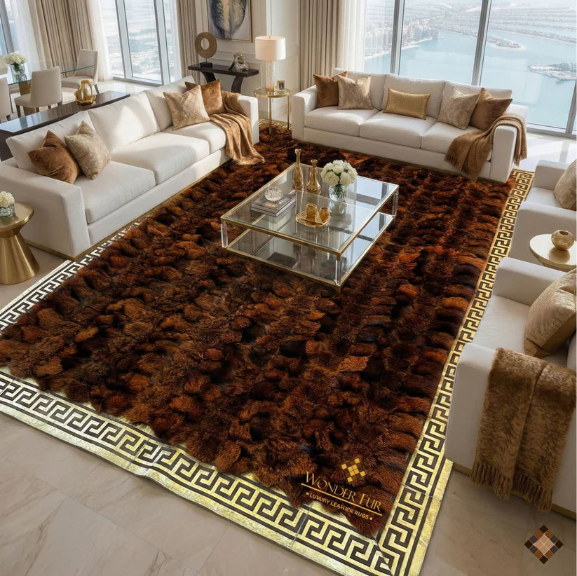 Imperial Brown Fox Fur Rug with Gold Greek Key Border