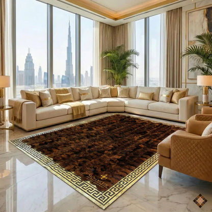 Imperial Brown Fox Fur Rug with Gold Greek Key Border