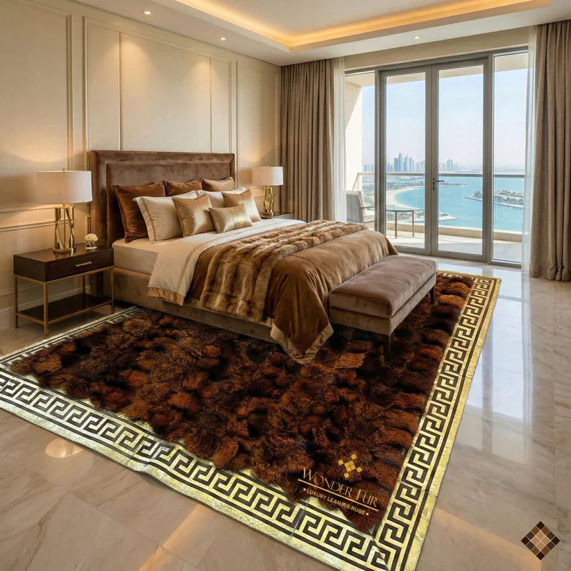 Imperial brown fox fur rug with gold Greek key border and rich brown tones