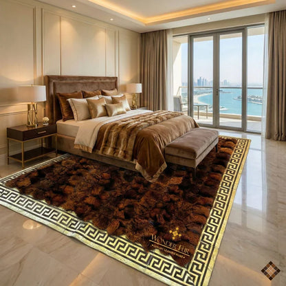 Imperial brown fox fur rug with gold Greek key border and rich brown tones