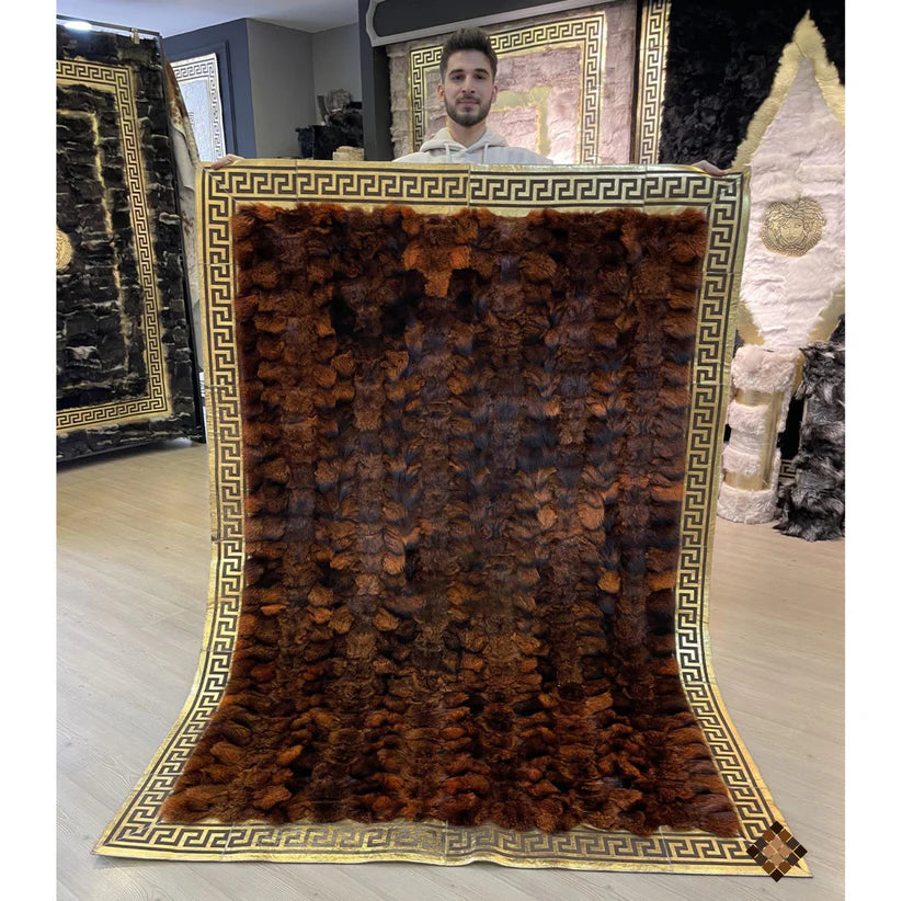 Imperial Brown Fox Fur Rug with Gold Greek Key Border