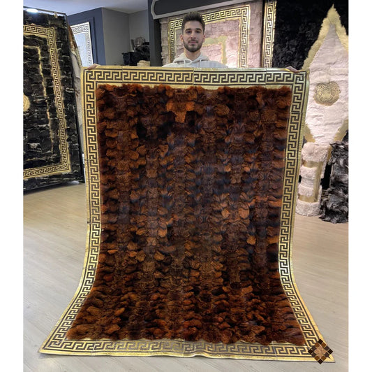Imperial Brown Fox Fur Rug with Gold Greek Key Border
