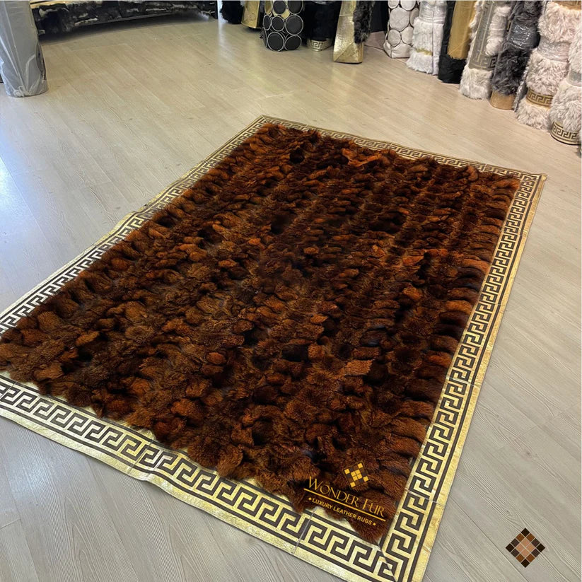 Imperial Brown Fox Fur Rug with Gold Greek Key Border