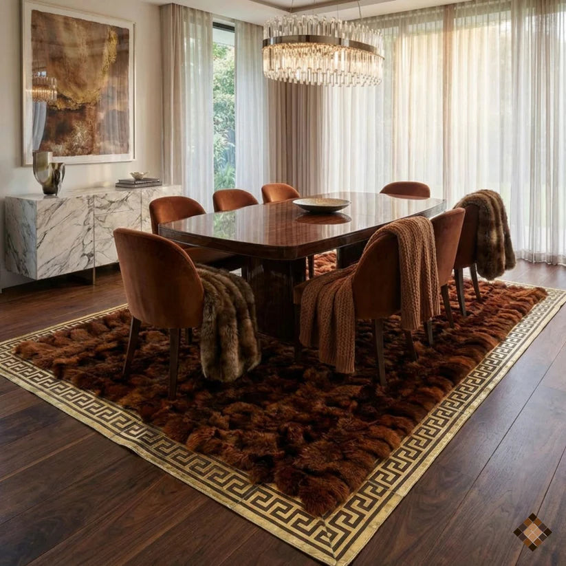 Imperial Brown Fox Fur Rug with Gold Greek Key Border