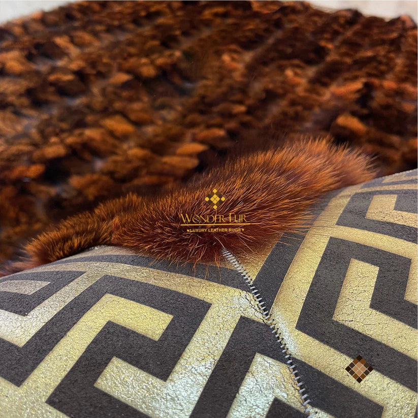 Imperial Brown Fox Fur Rug with Gold Greek Key Border