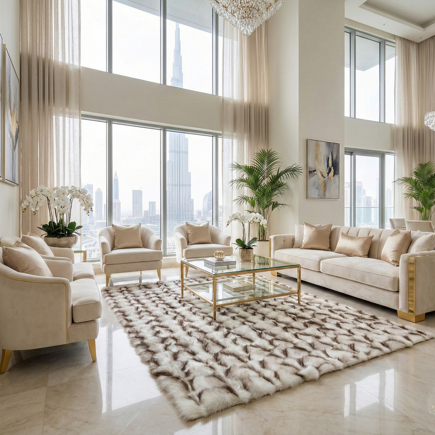 Luxury Handmade Ivory & Beige Fox Fur Area Rug