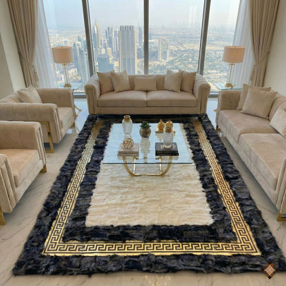 Ivory Center Sheepskin Rug with Charcoal Border & Gold Greek Key