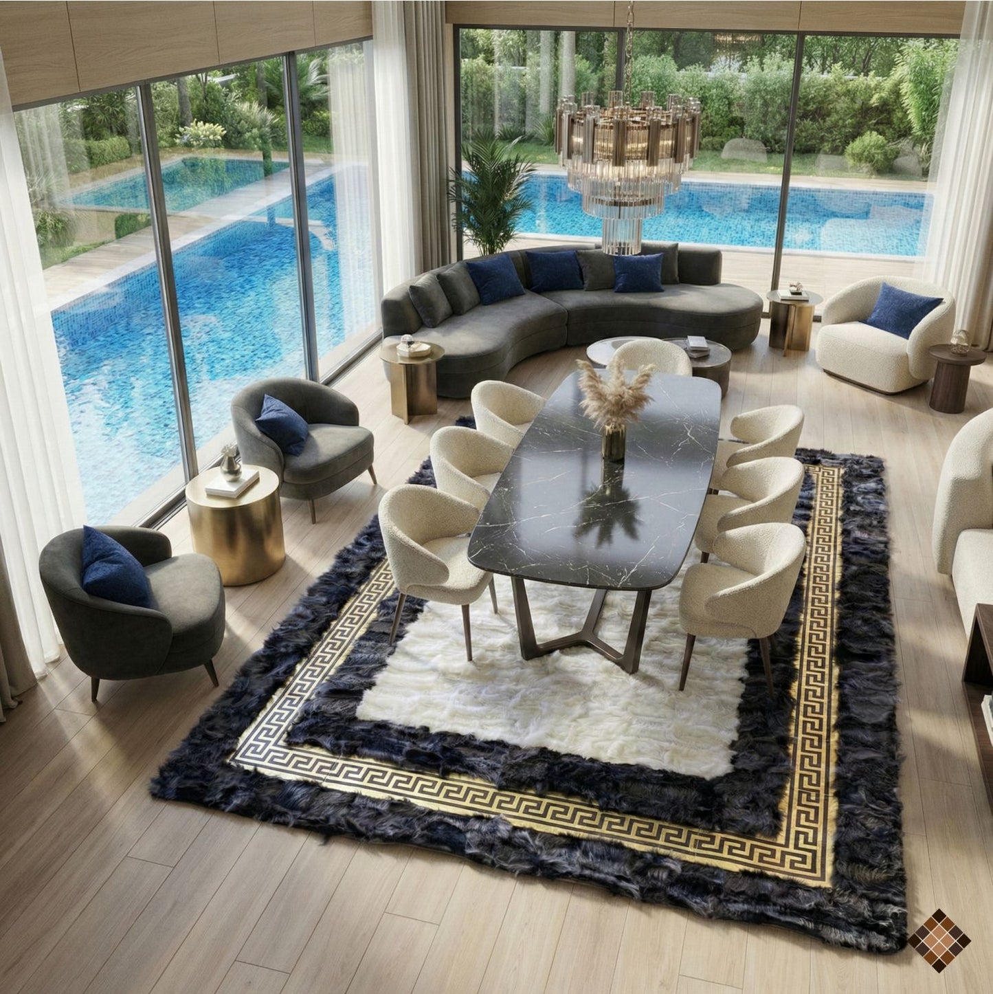 Ivory Center Sheepskin Rug with Charcoal Border & Gold Greek Key