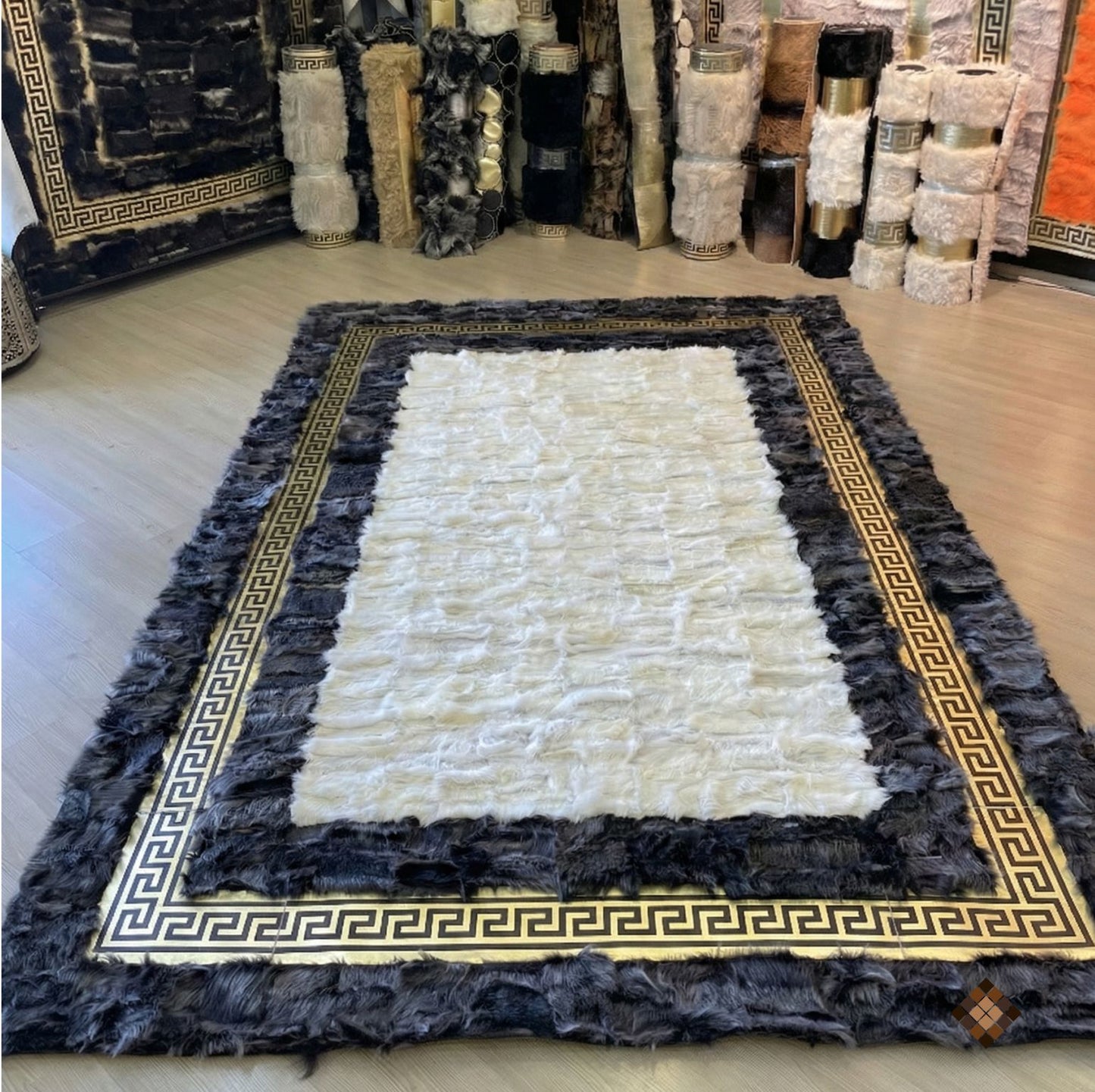 Ivory Center Sheepskin Rug with Charcoal Border & Gold Greek Key