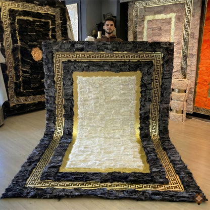 Ivory Center Sheepskin Rug with Charcoal Border & Gold Greek Key
