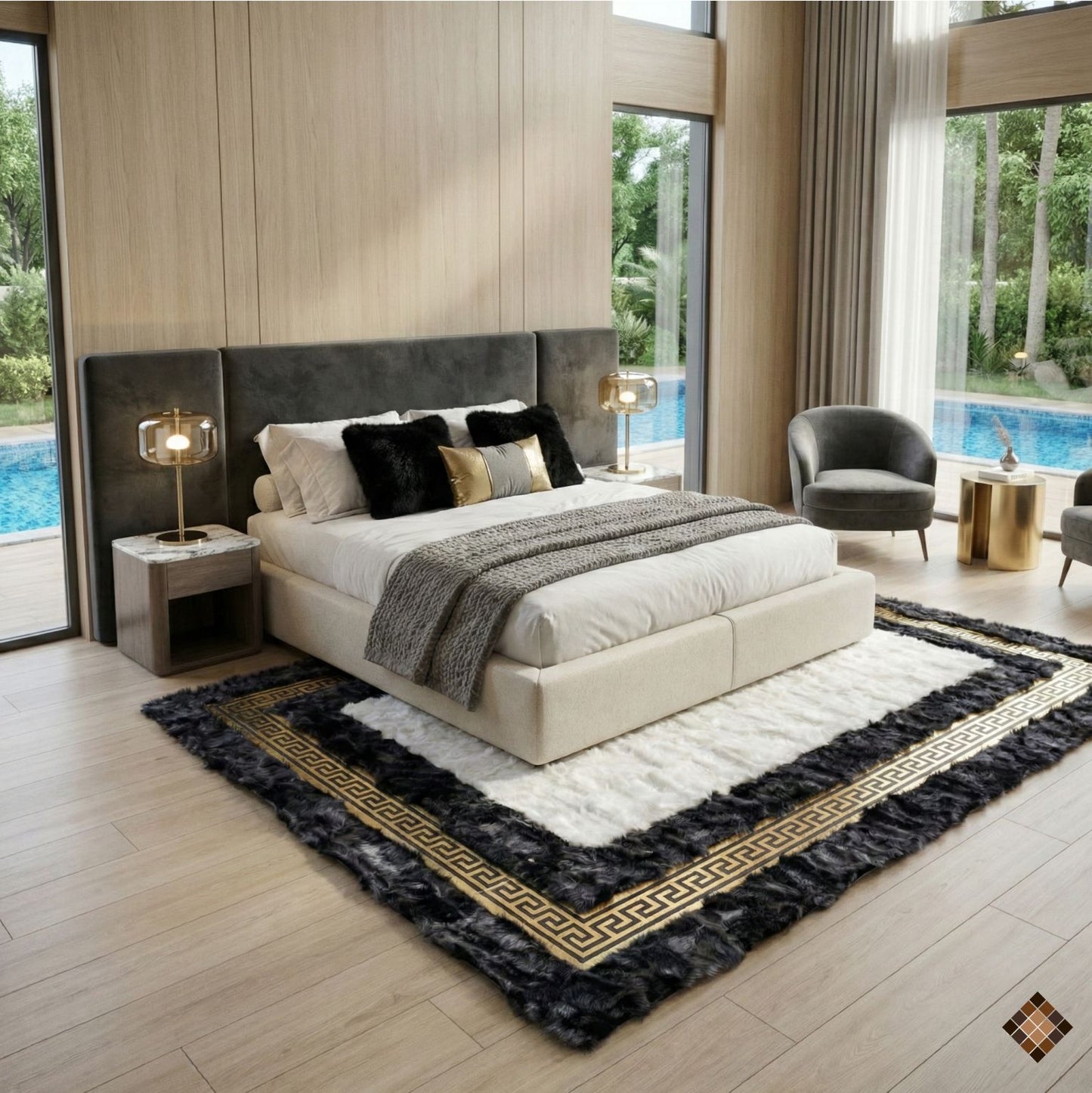 Ivory Center Sheepskin Rug with Charcoal Border & Gold Greek Key