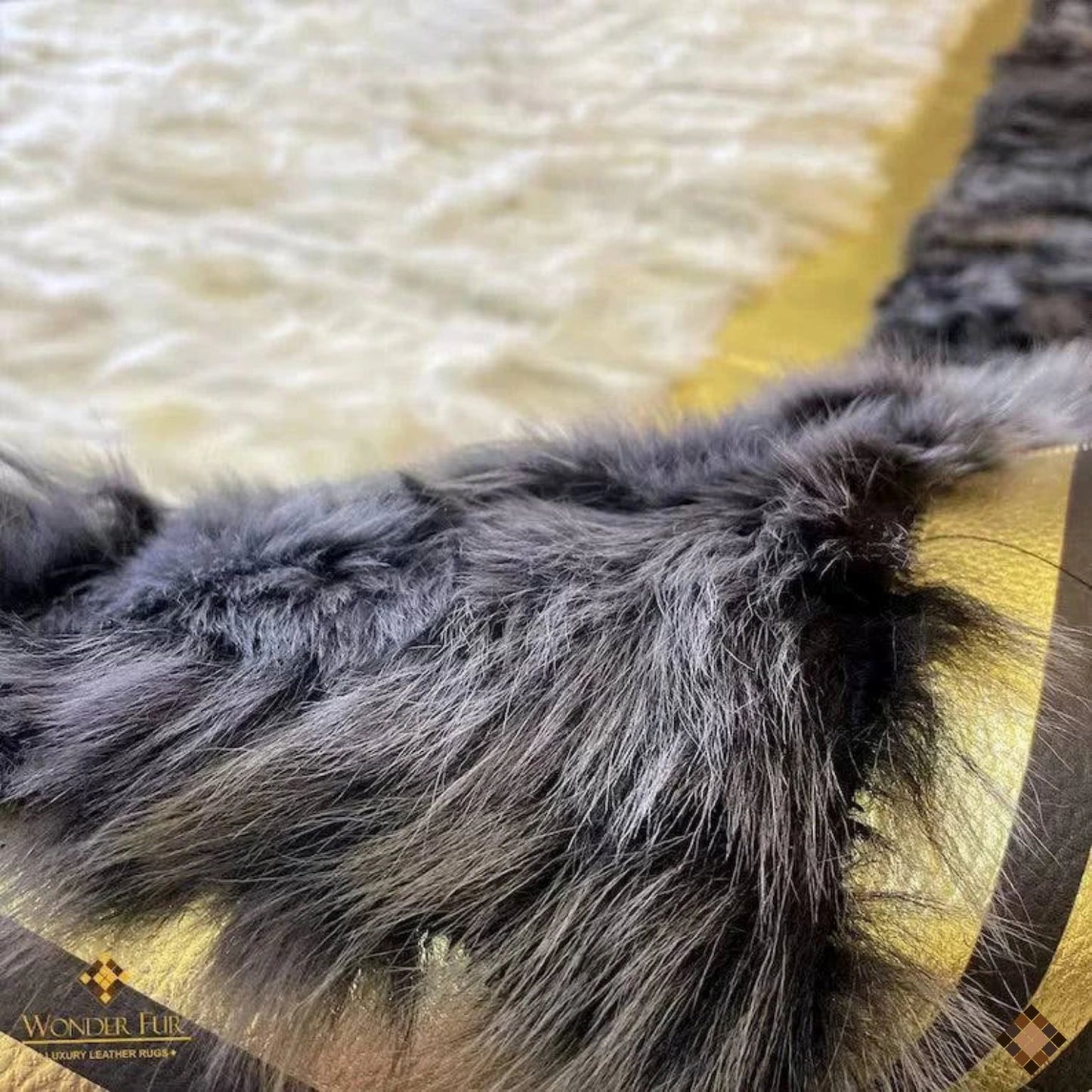 Ivory Center Sheepskin Rug with Charcoal Border & Gold Greek Key