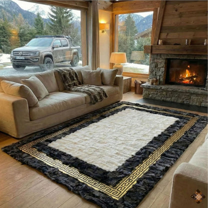 Ivory Center Sheepskin Rug with Charcoal Border & Gold Greek Key