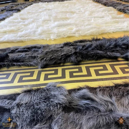 Ivory Center Sheepskin Rug with Charcoal Border & Gold Greek Key