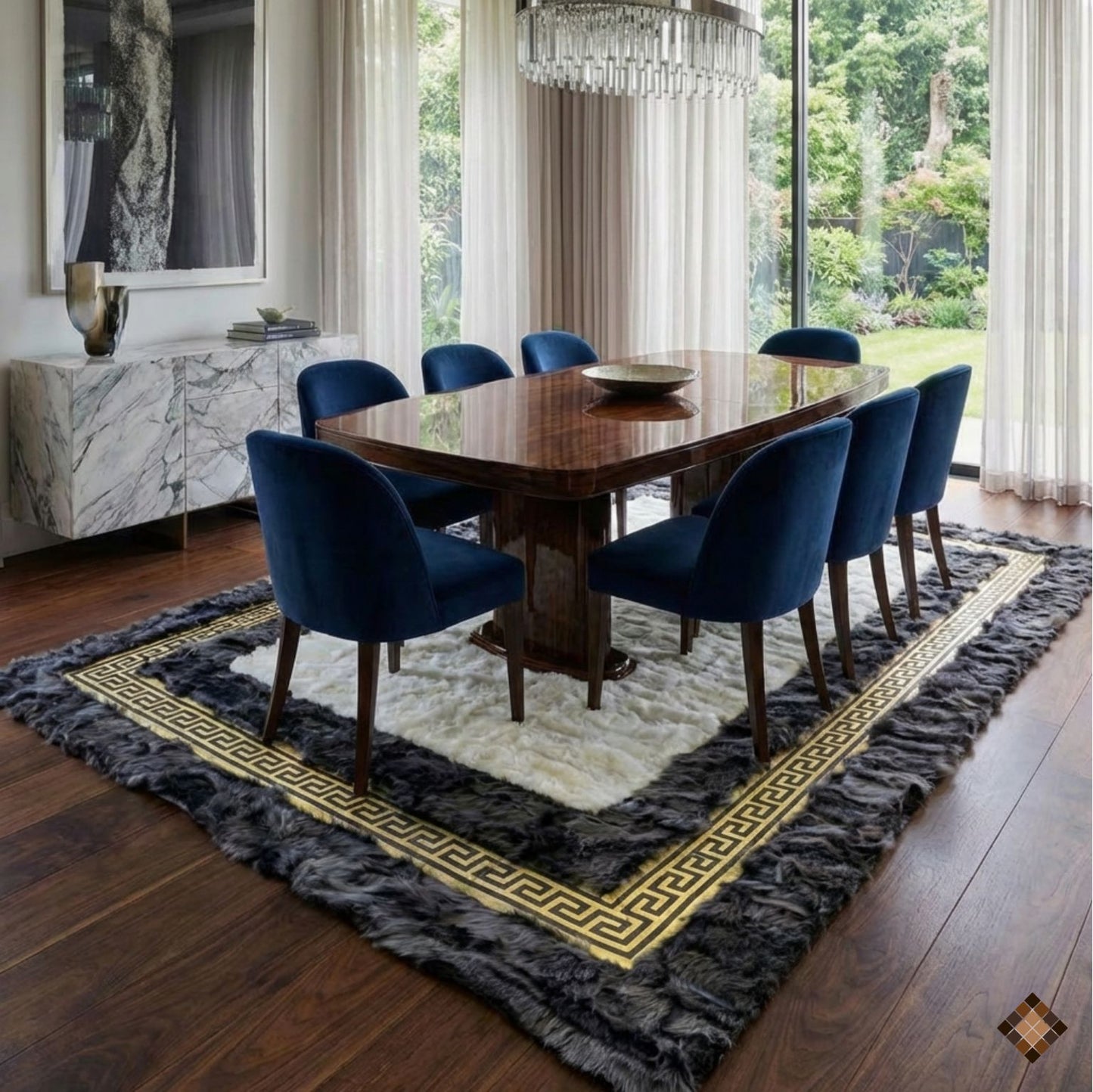 Ivory Center Sheepskin Rug with Charcoal Border & Gold Greek Key