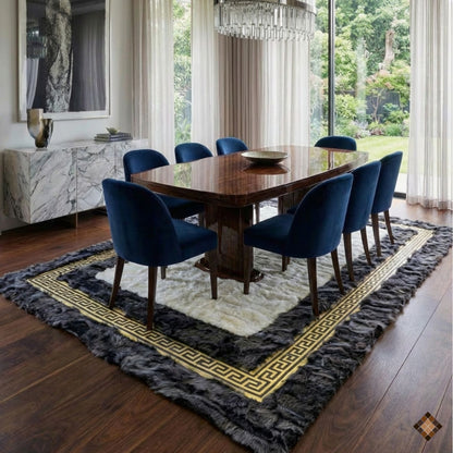 Ivory Center Sheepskin Rug with Charcoal Border & Gold Greek Key