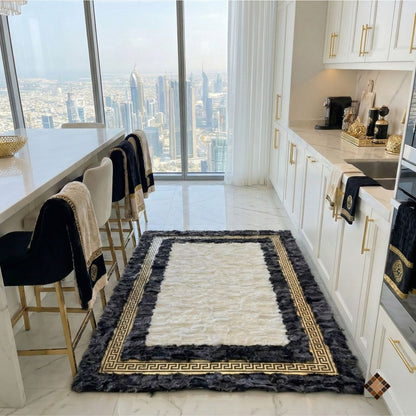 Ivory Center Sheepskin Rug with Charcoal Border & Gold Greek Key