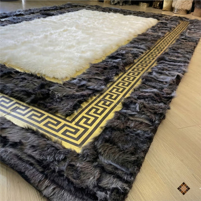 Ivory Center Sheepskin Rug with Charcoal Border & Gold Greek Key
