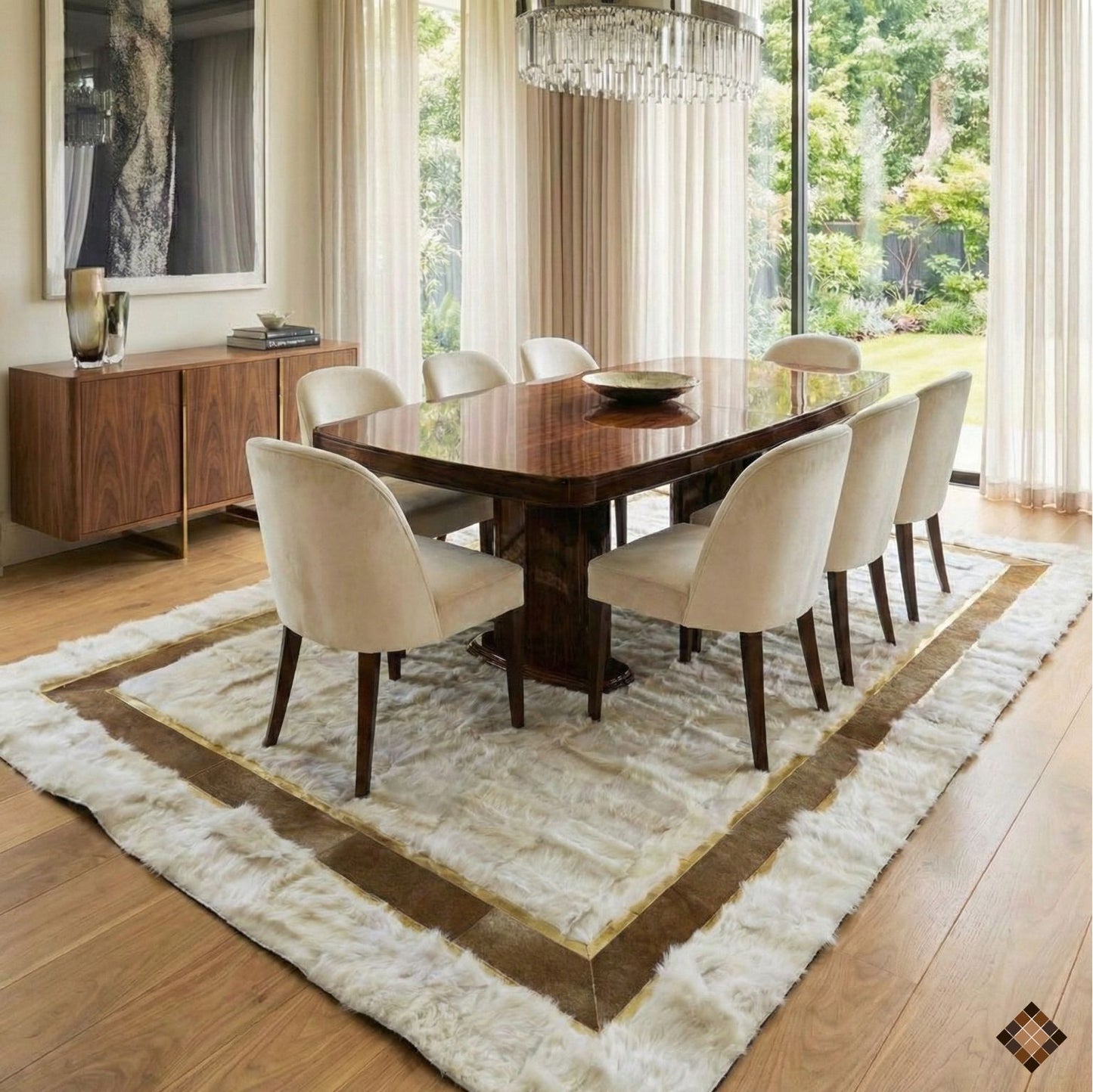 Ivory Genuine Sheepskin Area Rug with Gold Trim Border - WONDERFURRUG