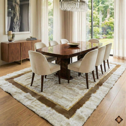Ivory Genuine Sheepskin Area Rug with Gold Trim Border - WONDERFURRUG