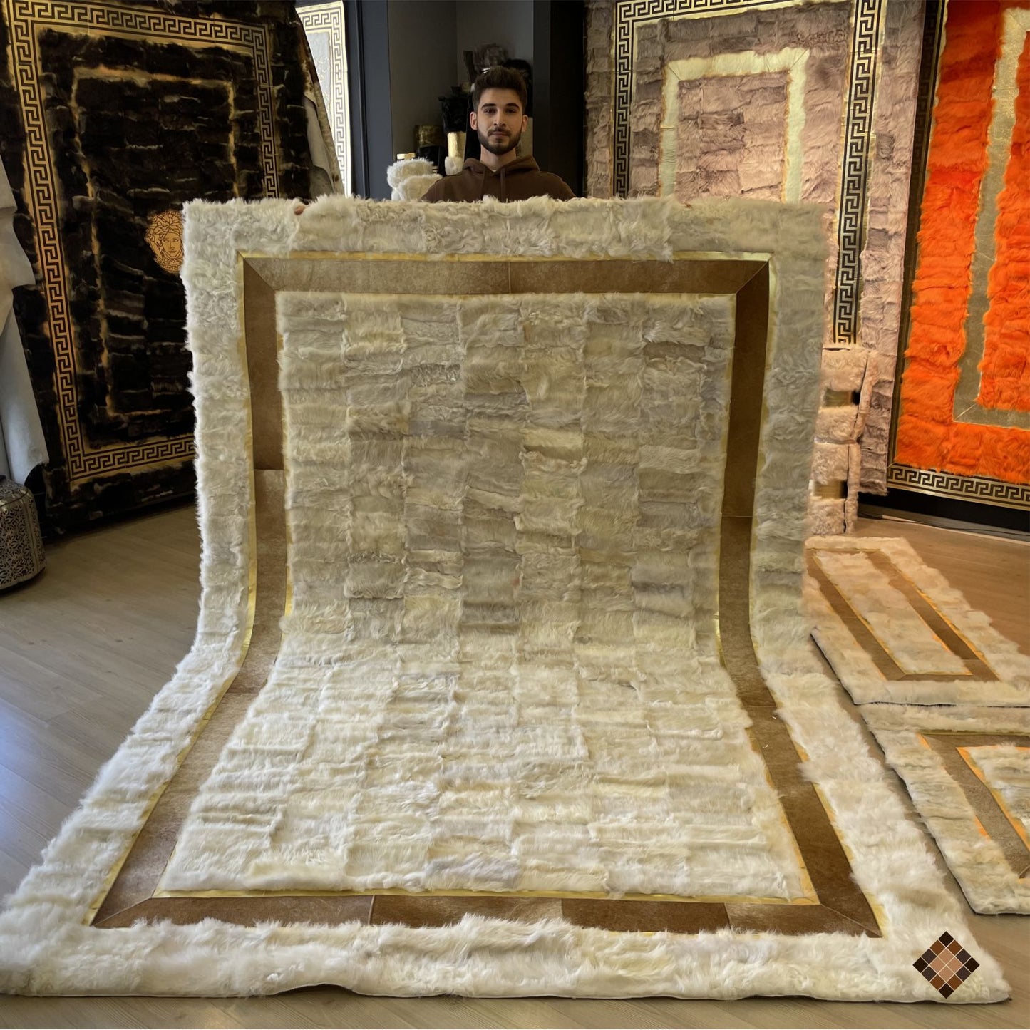 Ivory Genuine Sheepskin Area Rug with Gold Trim Border - WONDERFURRUG