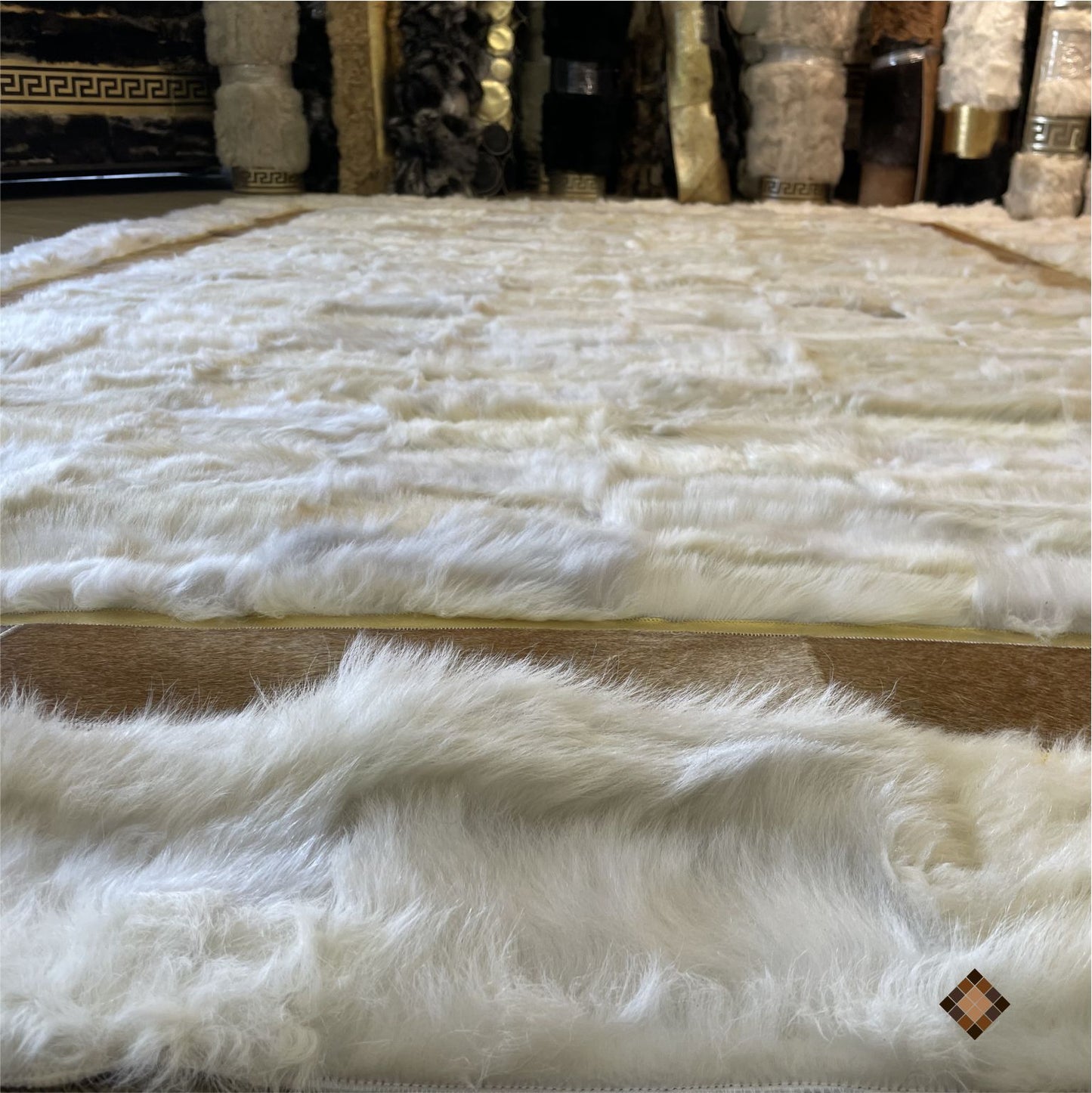 Ivory Genuine Sheepskin Area Rug with Gold Trim Border - WONDERFURRUG
