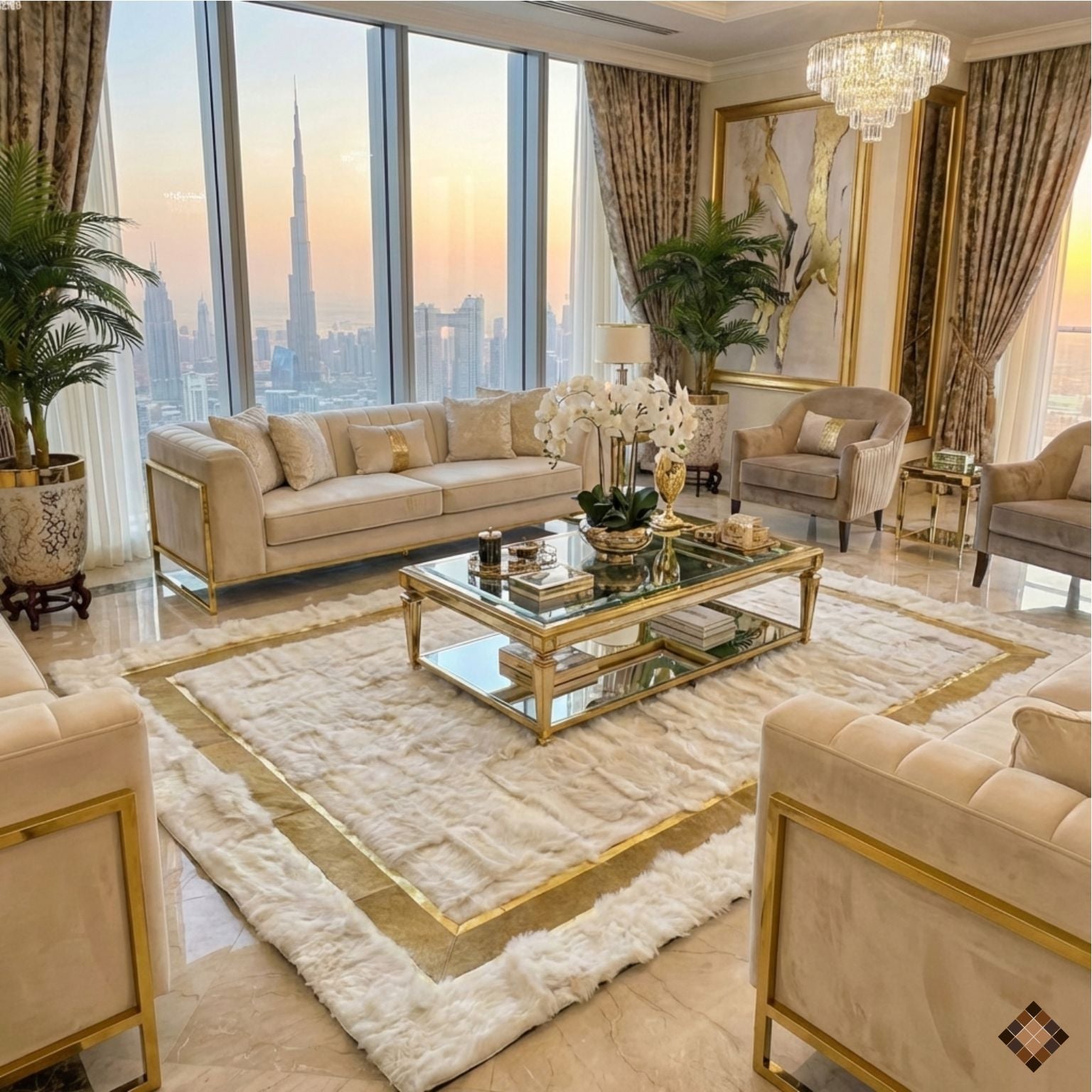 Genuine Ivory Sheepskin Area Rug with Gold Border | Handmade Luxury