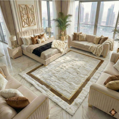 Ivory Genuine Sheepskin Area Rug with Gold Trim Border - WONDERFURRUG