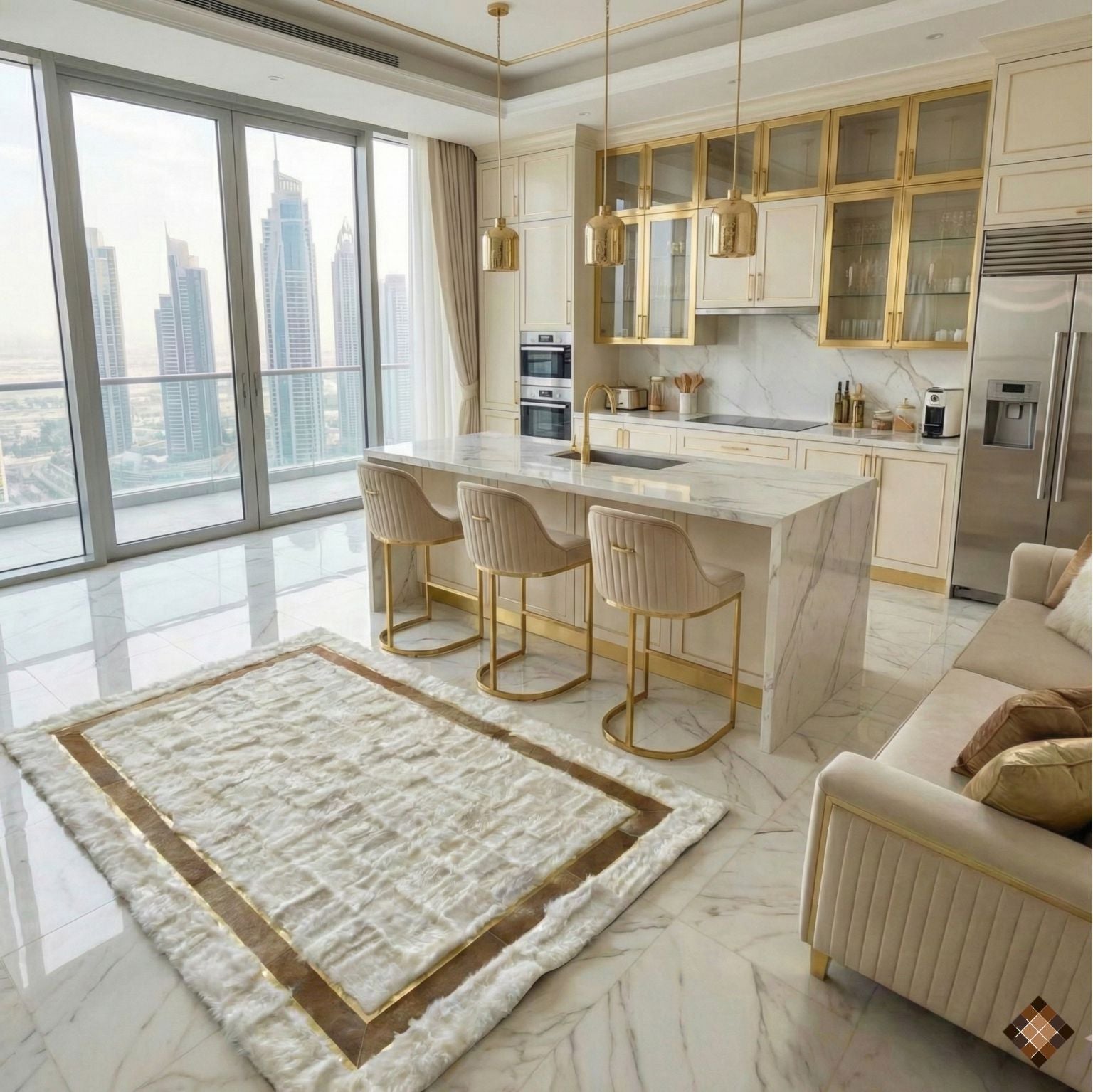 Ivory Genuine Sheepskin Area Rug with Gold Trim Border - WONDERFURRUG