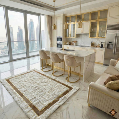 Ivory Genuine Sheepskin Area Rug with Gold Trim Border - WONDERFURRUG