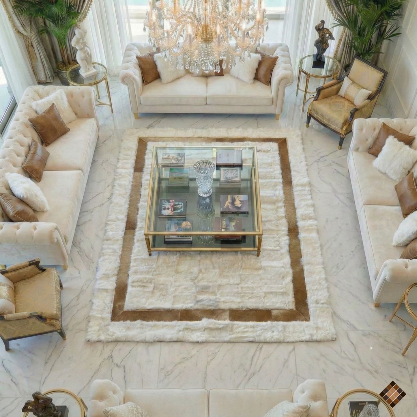 Ivory Genuine Sheepskin Area Rug with Gold Trim Border - WONDERFURRUG