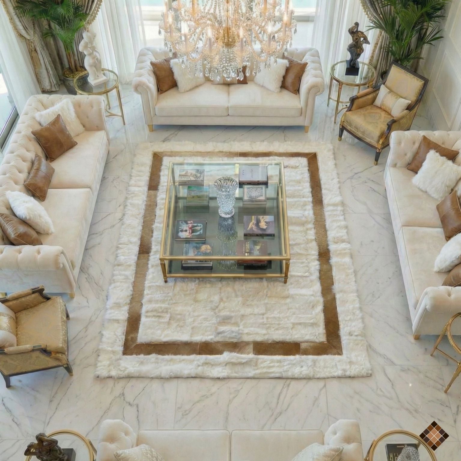Ivory Genuine Sheepskin Area Rug with Gold Trim Border - WONDERFURRUG