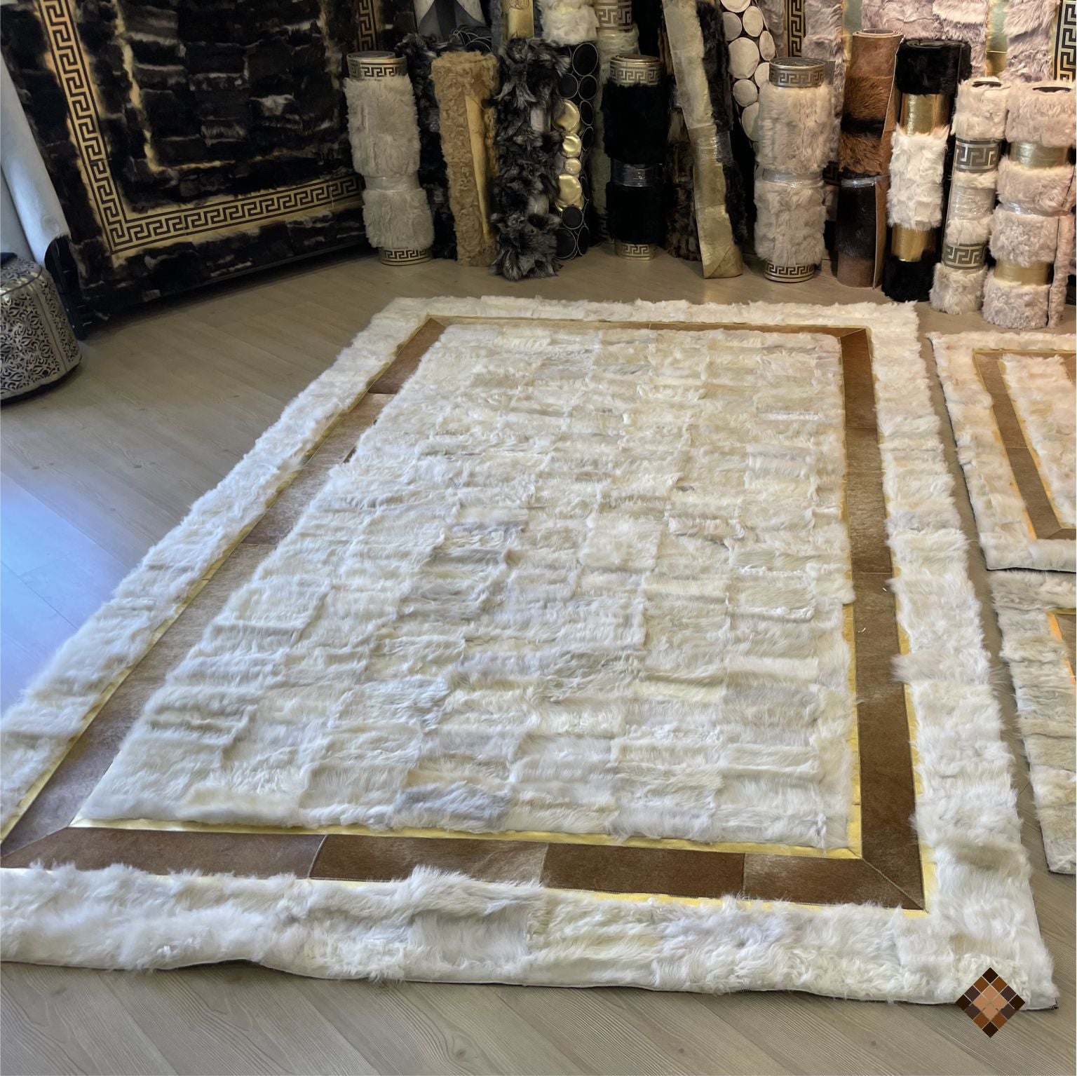 Ivory Genuine Sheepskin Area Rug with Gold Trim Border - WONDERFURRUG
