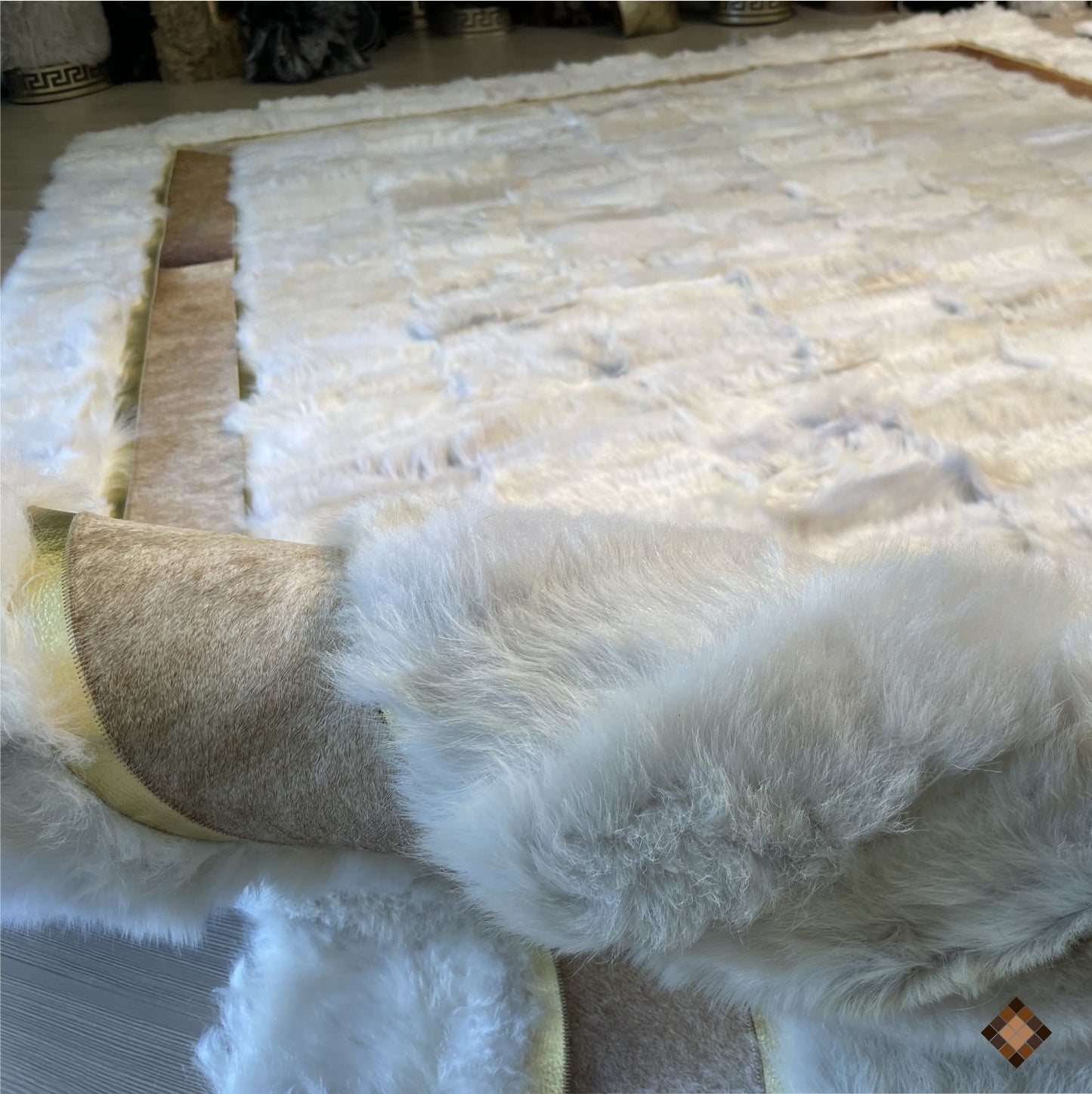 Ivory Genuine Sheepskin Area Rug with Gold Trim Border - WONDERFURRUG