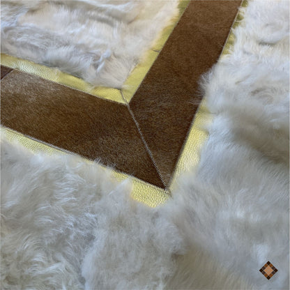 Ivory Genuine Sheepskin Area Rug with Gold Trim Border - WONDERFURRUG